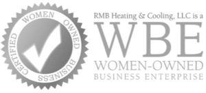 A badge with a checkmark and the words “Certified Women Owned Business.” Next to it, text reads: “RMB Heating & Cooling, LLC is a WBE Women-Owned Business Enterprise specializing in HVAC services.”.