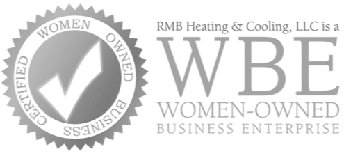 A badge with a checkmark and the words “Certified Women Owned Business.” Next to it, text reads: “RMB Heating & Cooling, LLC is a WBE Women-Owned Business Enterprise specializing in HVAC services.”.