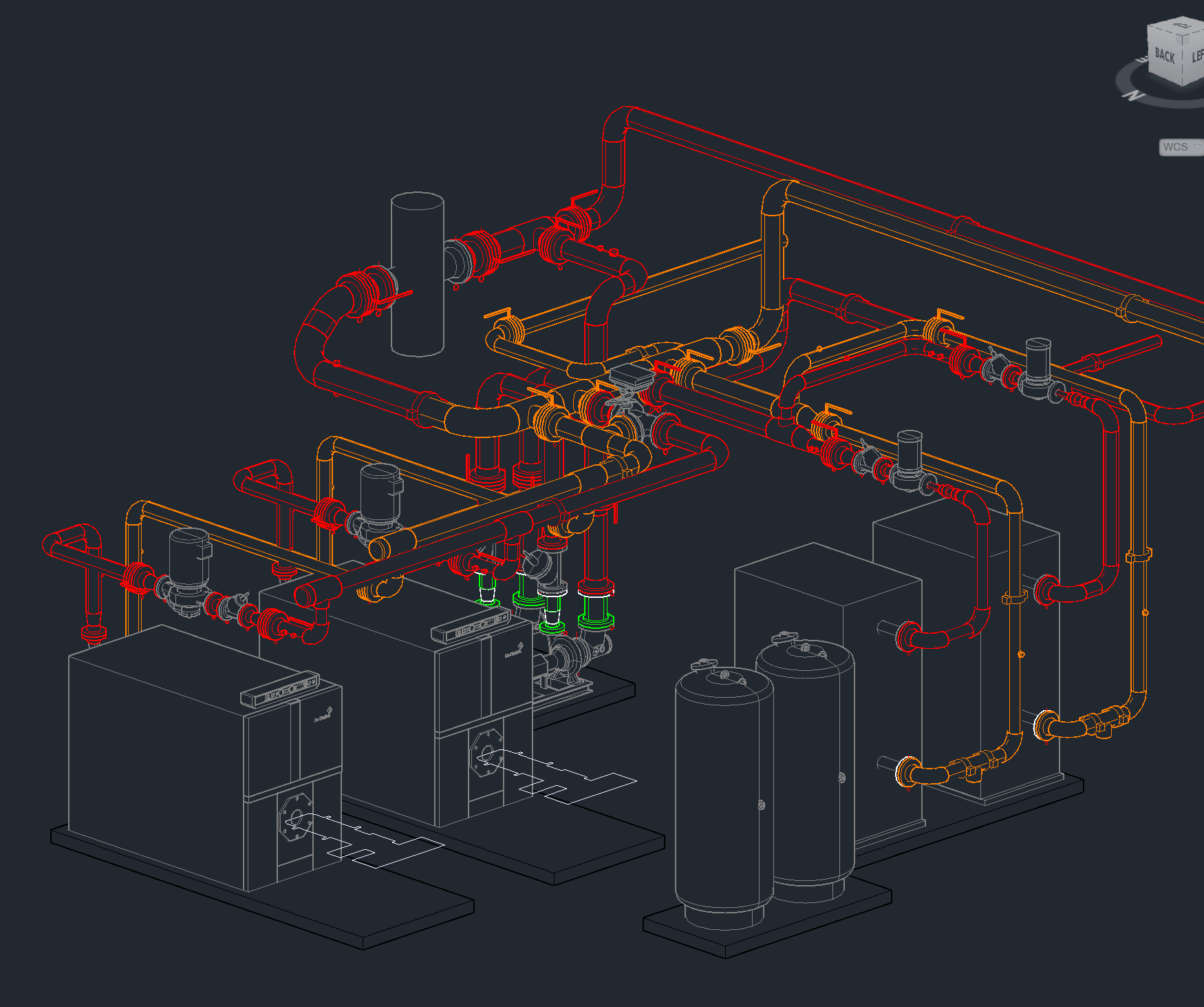3D technical drawing of an industrial piping system with interconnected pipes, valves, tanks, and machinery—enhanced by Building Information Modeling—in red, yellow, and orange lines on a black background.