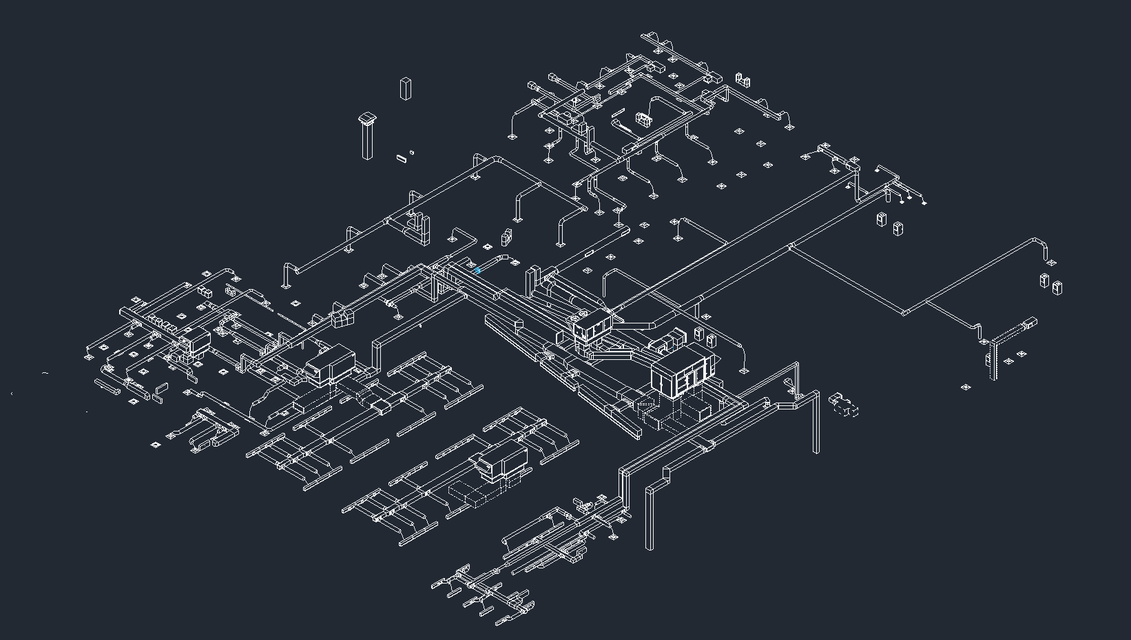 Isometric technical drawing of a complex mechanical or architectural structure, featuring interconnected lines, components, and geometric shapes on a dark background—showcasing the precision and clarity often achieved through Building Information Modeling.