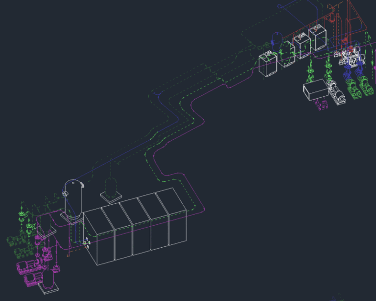 A digital schematic shows a Design Build industrial process with tanks, pipes, and machinery in various colors, connected by flow lines and displayed on a dark background.