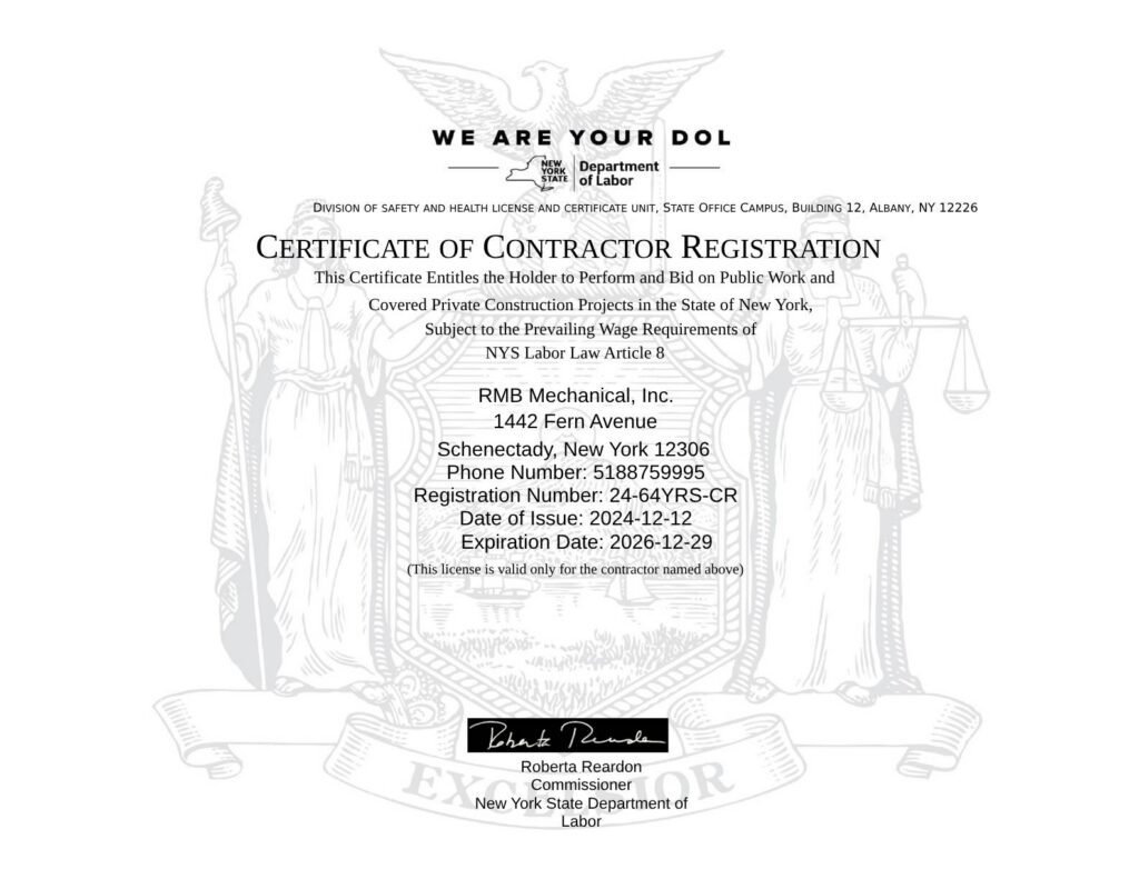 DOL Certificate of Contractor Registration from the New York Department of Labor for RMB Mechanical, Inc., listing registration and expiration dates, address, contact info, and the commissioner’s signature at the bottom.