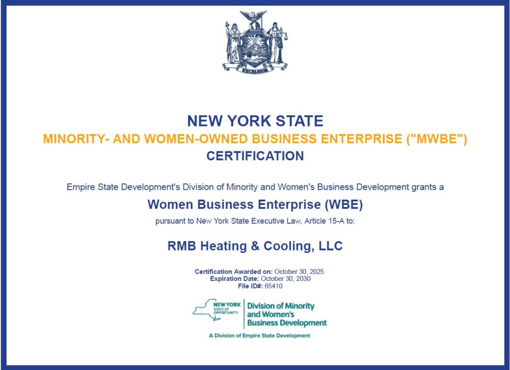 Certificate displaying New York State’s MWBE and WBE Certificate granted to RMB Heating & Cooling, dated October 30, 2023, expiring October 30, 2030, with state seal and division logos at the top and bottom.