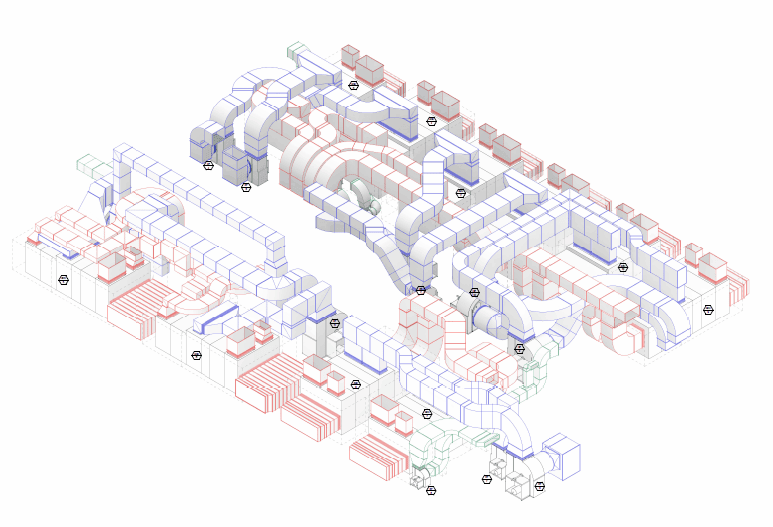 Isometric diagram of a building’s HVAC ductwork in red, blue, and green lines, displaying various air ducts, vents, and equipment throughout multiple rooms and zones on a white background. The illustration highlights the integration of VDC & BIM processes, showcasing precise coordination across the entire system.