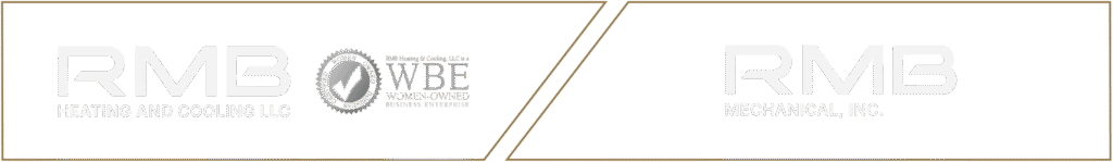 Faint logos for RMB Heating and Cooling LLC with a WBE certification seal on the left, and RMB Mechanical, Inc. on the right, separated by a diagonal gold line on a white background, highlight their commitment to Full-Service Mechanical Solutions.