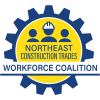 Logo with a yellow gear, three people figures (one with a hard hat), and text: Northeast Construction Trades Workforce Coalition in blue and yellow, representing skilled trades like HVAC and building industries.