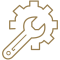Brown outline of a wrench overlapping with a gear, symbolizing tools or settings, on a white background.