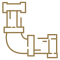 Brown outline of connected metal pipes forming a right-angle bend, with visible joints and flanges, on a light gray background.