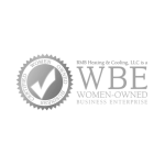 A grayscale badge reads Certified Women Owned Business. Next to it, text says RMB Heating & Cooling, LLC is a WBE Women-Owned Business Enterprise specializing in HVAC services on a plain background.