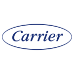 The image shows the word Carrier in blue, italicized font, centered inside a blue oval outline on a white background, reflecting the iconic branding of this leading HVAC company.